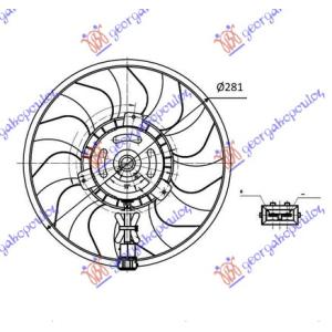 VENTILATOR (MOT+ELISA)280mm 2PIN KOCKASTI DZEK . VW TRANSPORTER (T4) (1991-1996) (OEM: 701959455AE, 701959455AM, 701959455C)