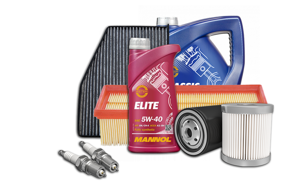 Filter ulja, filter goriva, filter vazduha, svecice i ulje, svi delovi za mali servis automobila slozeni na jednom mestu.