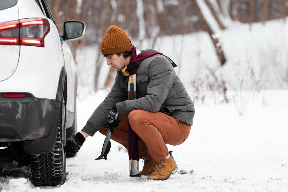 Vizuelna inspekcija guma na automobila nakon udara u rupu.